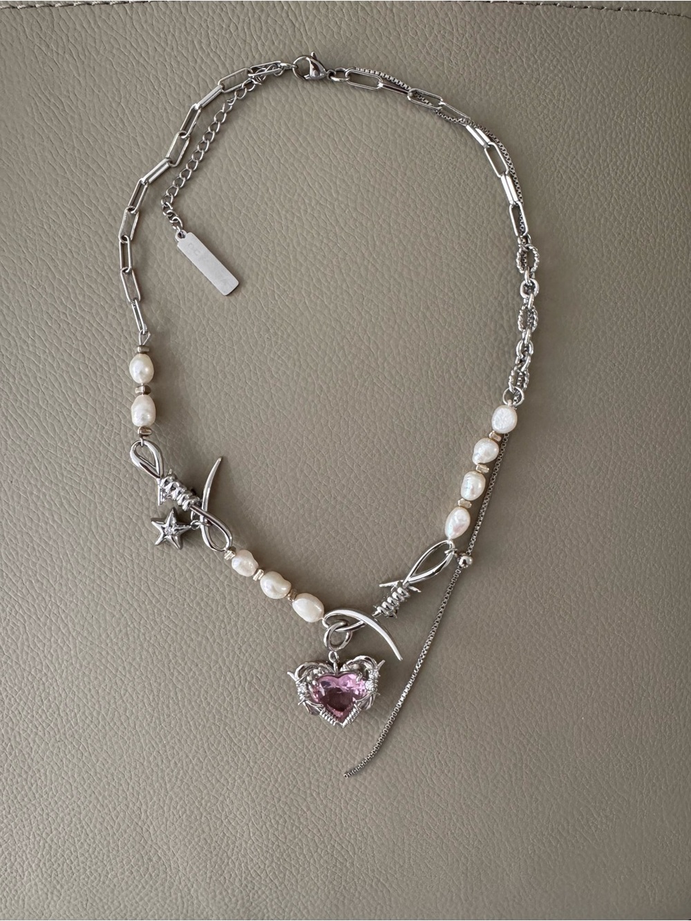 Silver Pearl Necklace with Pink Heart Pendant